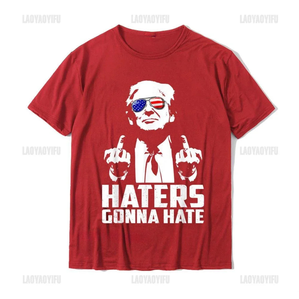 Funny Haters Gonna Hate Trump Women Cotton Tshirt President Donald Trump Middle Finger Men T-Shirt Summer New Black Humor Tees