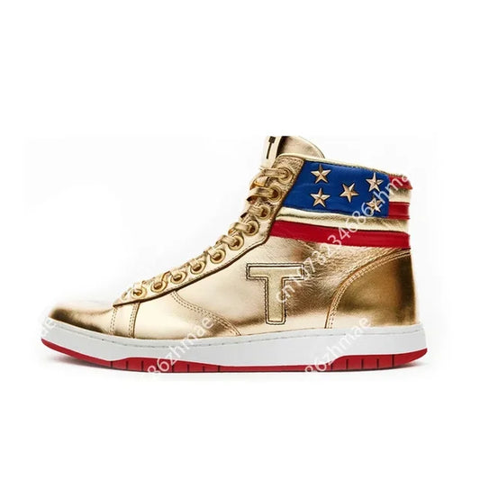 MAGA Trump Never Surrender Pro Trump Distressed High Top Gold Sneakers Gym Shoes Men'S Fashion Casual Boots Road Sneakers