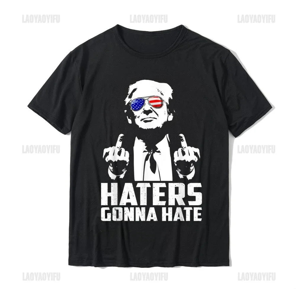 Funny Haters Gonna Hate Trump Women Cotton Tshirt President Donald Trump Middle Finger Men T-Shirt Summer New Black Humor Tees