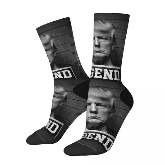 Funny Trump 2024 Mugshot President Legend Basketball Socks Donald Polyester Crew Socks for Unisex Sweat Absorbing